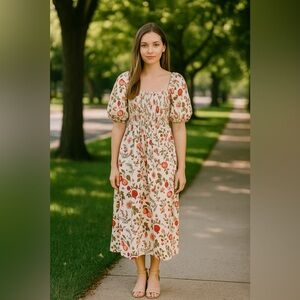 Chic Floral Print Midi Dress with Puff Sleeves